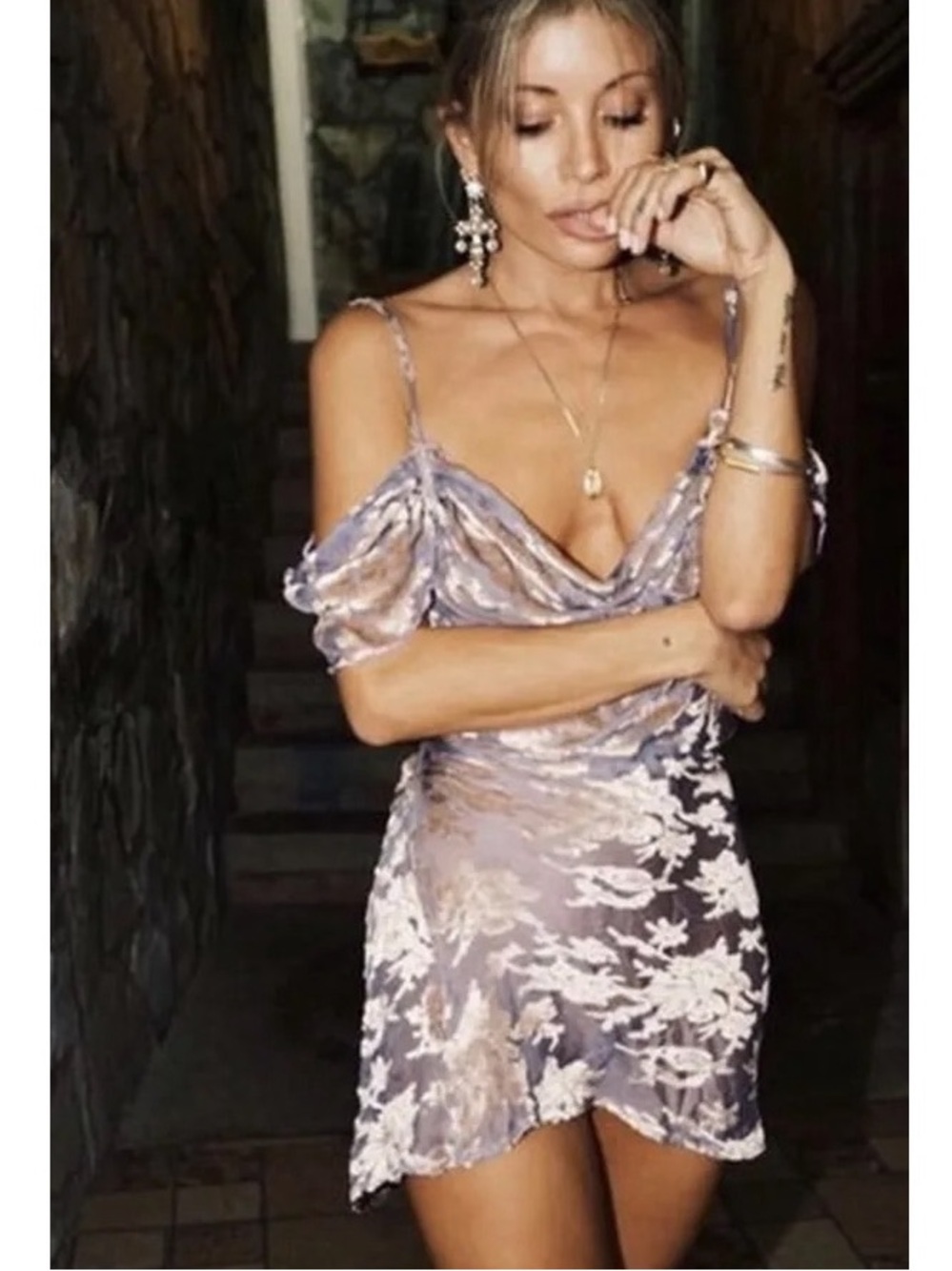 Rat & Boa Viola Mini Dress in Lilac Crushed Velvet Floral Off The Shoulder - Picture 3 of 10